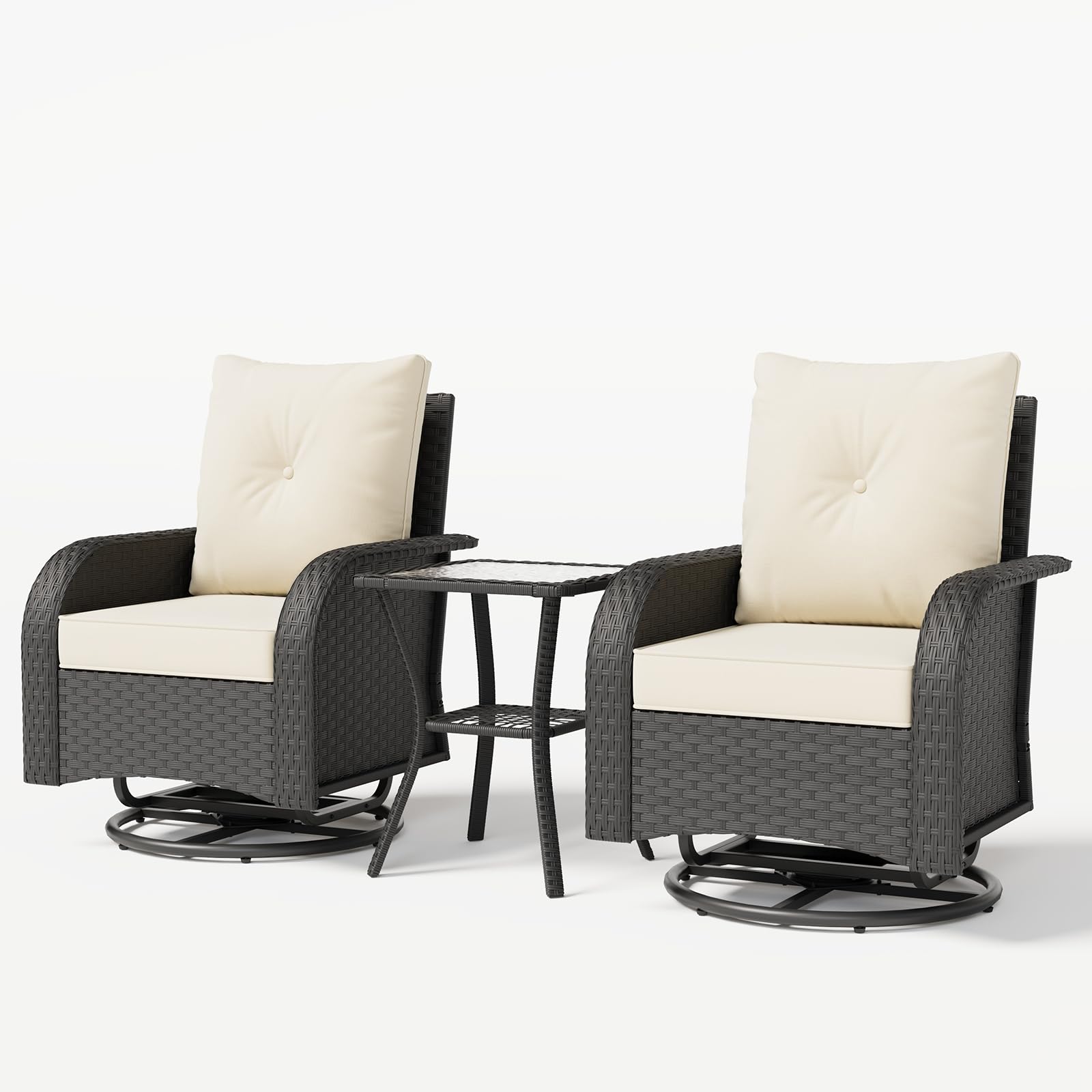UDPATIO Swivel Rocker Chair Set 2 with Side Table, 3 Piece Wicker Bistro Set with 4" Water-Resistant Cushions, Outdoor Glider for Front Porch, Patio, Balcony, Black/Beige