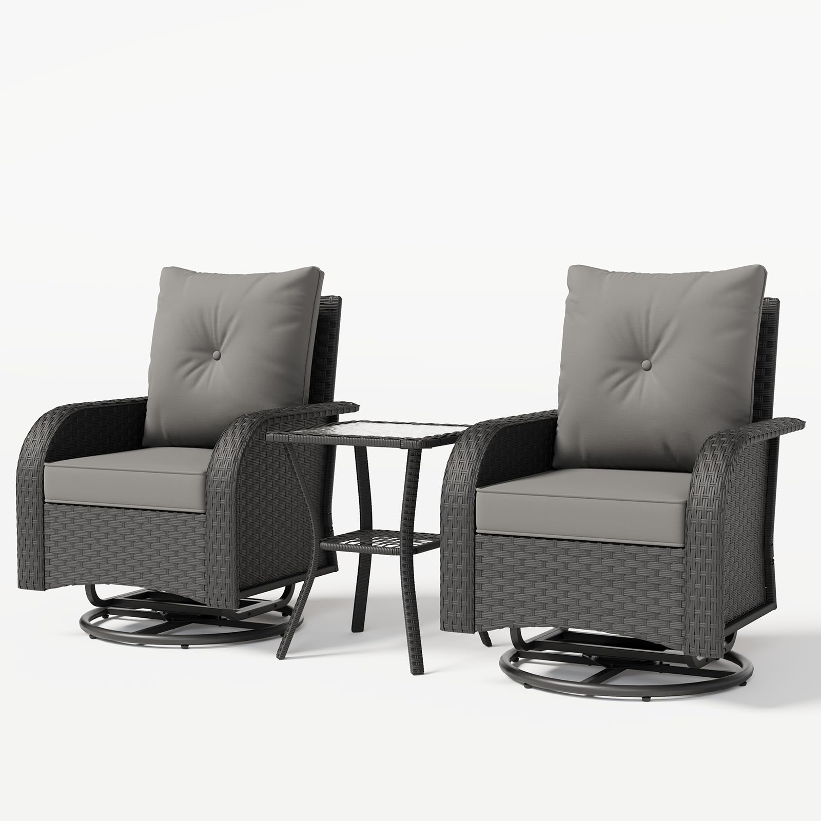 UDPATIO Swivel Rocker Chair Set 2 with Side Table, 3 Piece Wicker Bistro Set with 4" Water-Resistant Cushions, Outdoor Glider for Front Porch, Patio, Balcony, Black/Grey
