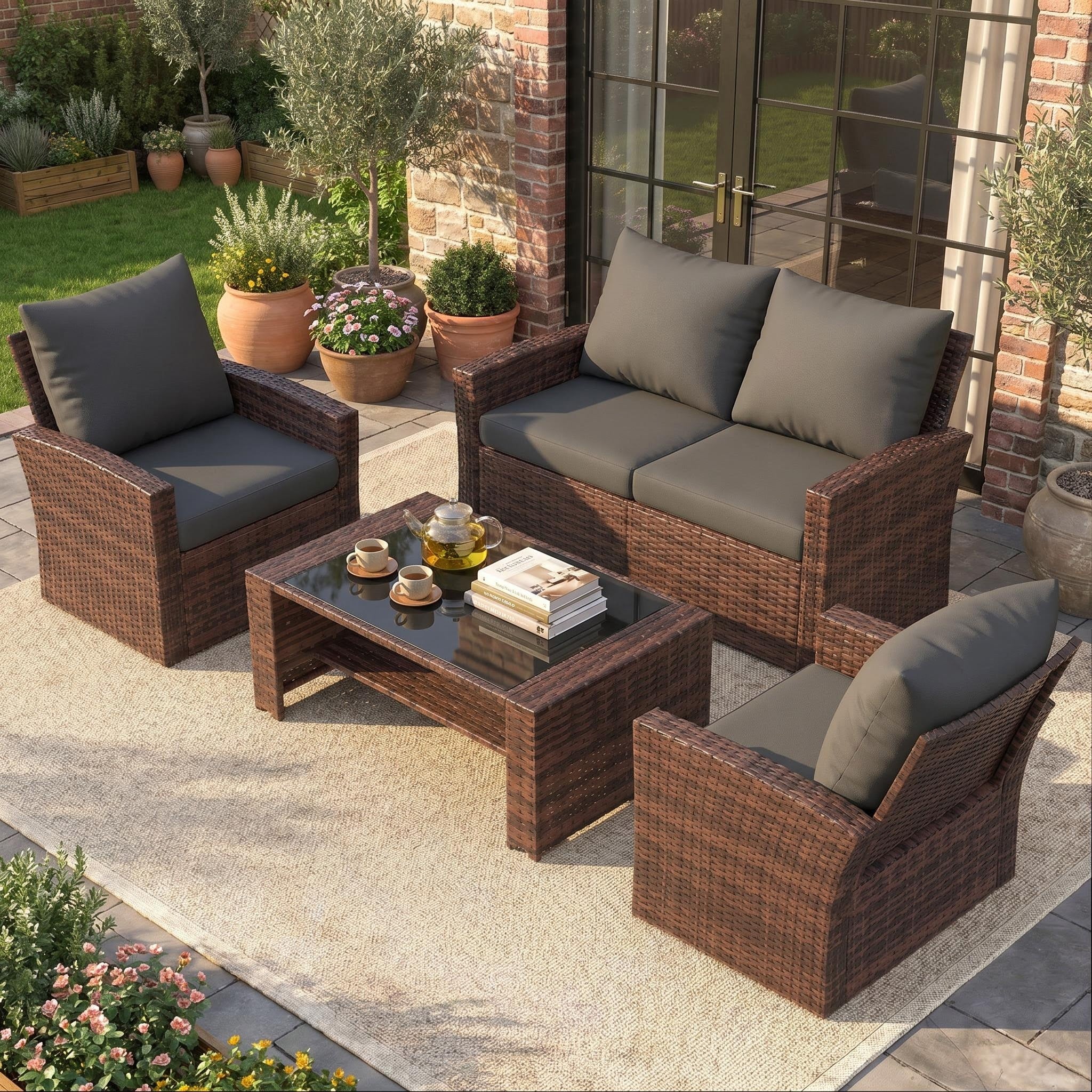 UDPATIO Patio Furniture Set, Outdoor Furniture Sets with Loveseats Sofa, Wicker Rattan Outdoor Conversation Set with Storage CoffeeTable for Backyard, Deck, Porch, Brown/Grey