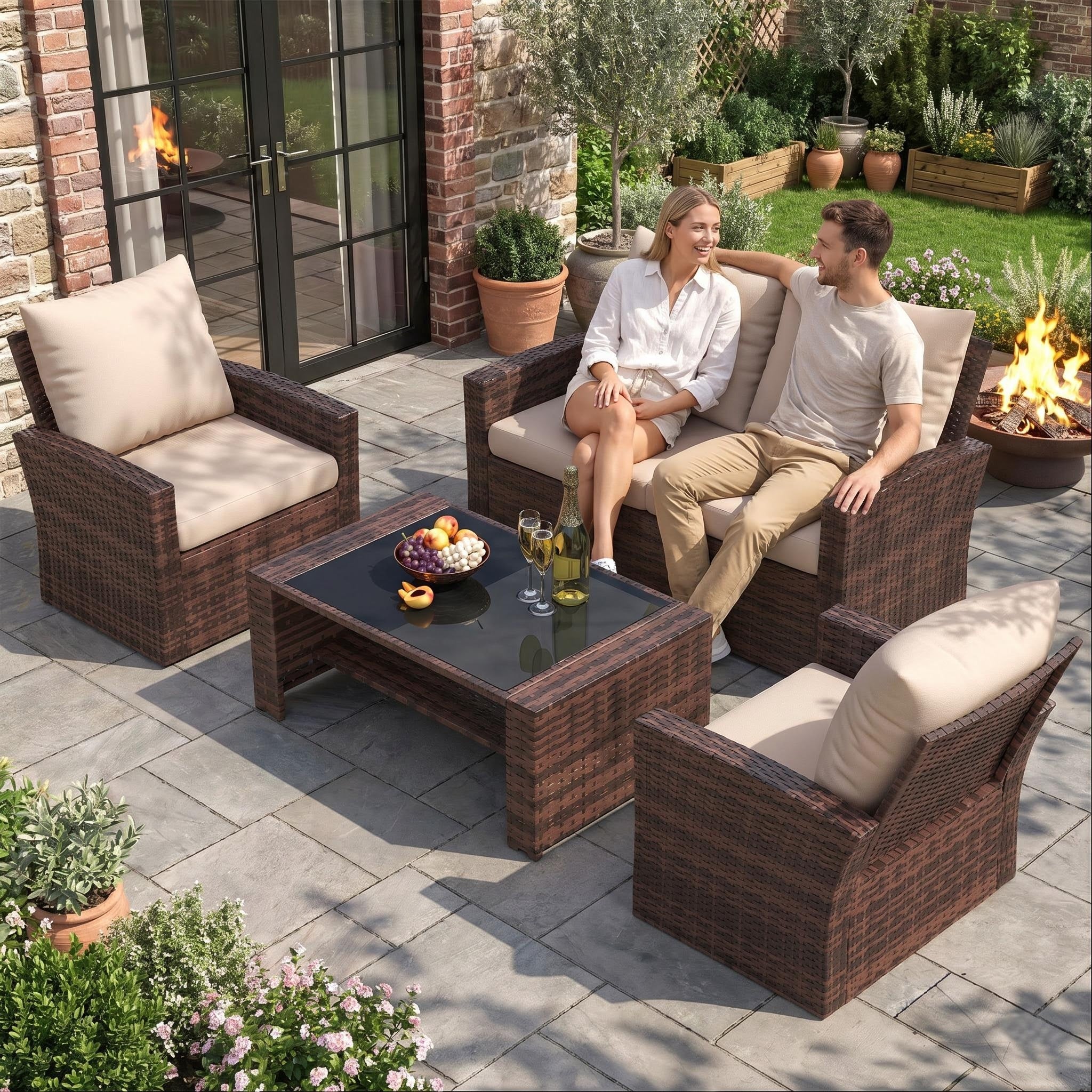 UDPATIO Patio Furniture Set, Outdoor Furniture Sets with Loveseats Sofa, Wicker Rattan Outdoor Conversation Set with Storage CoffeeTable for Backyard, Deck, Porch,Brown/Beige