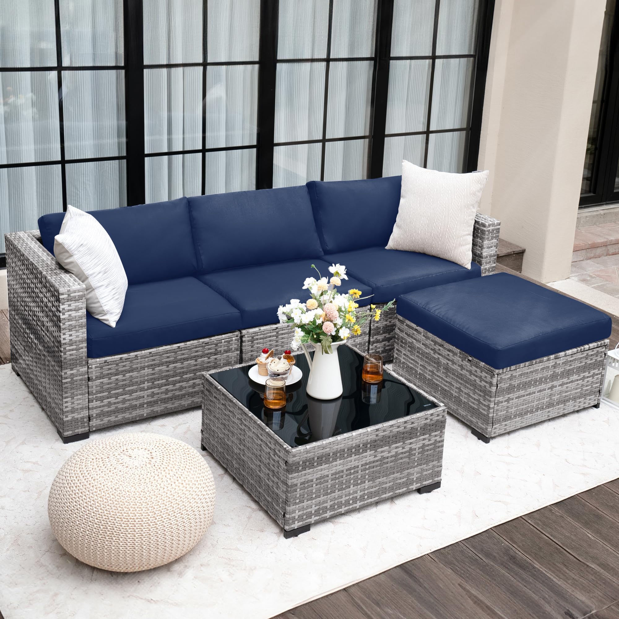 UDPATIO 5 Piece Patio Furniture Set, All-Weather Wicker Outdoor Sectional Sofa, L shaped Outdoor Conversation Couch with Ottoman, Glass Table for Balcony Porch Backyard, Blue