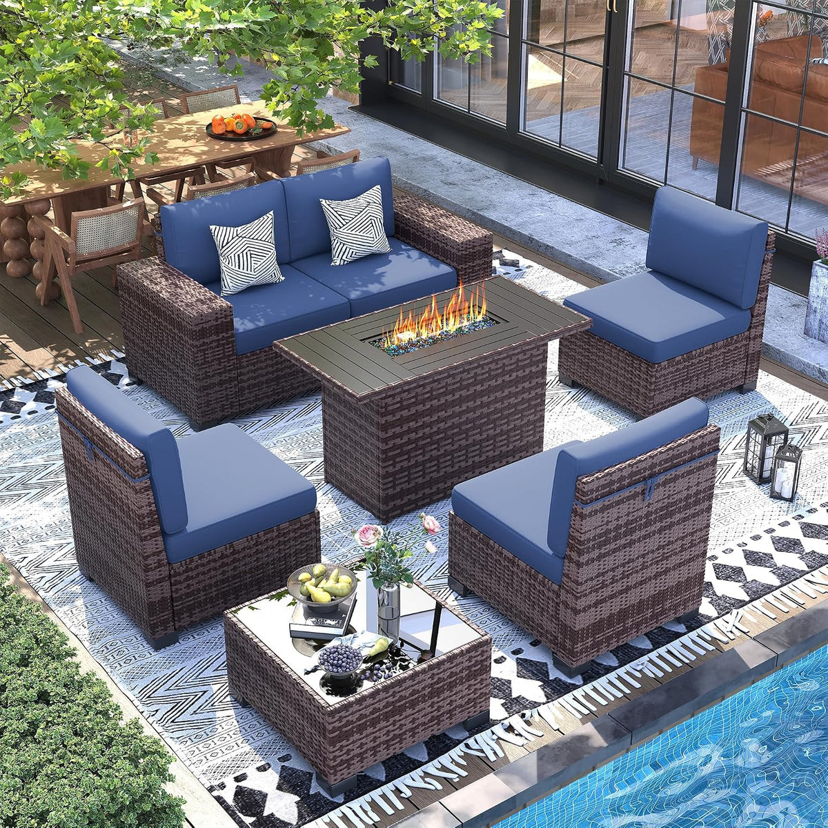 UDPATIO Furniture Set with Fire Pit Table, 8 Inch Wide Armrest 7 Piece Sectional Sofas, All-Weather Wicker Conversation for Garden, Backyard,