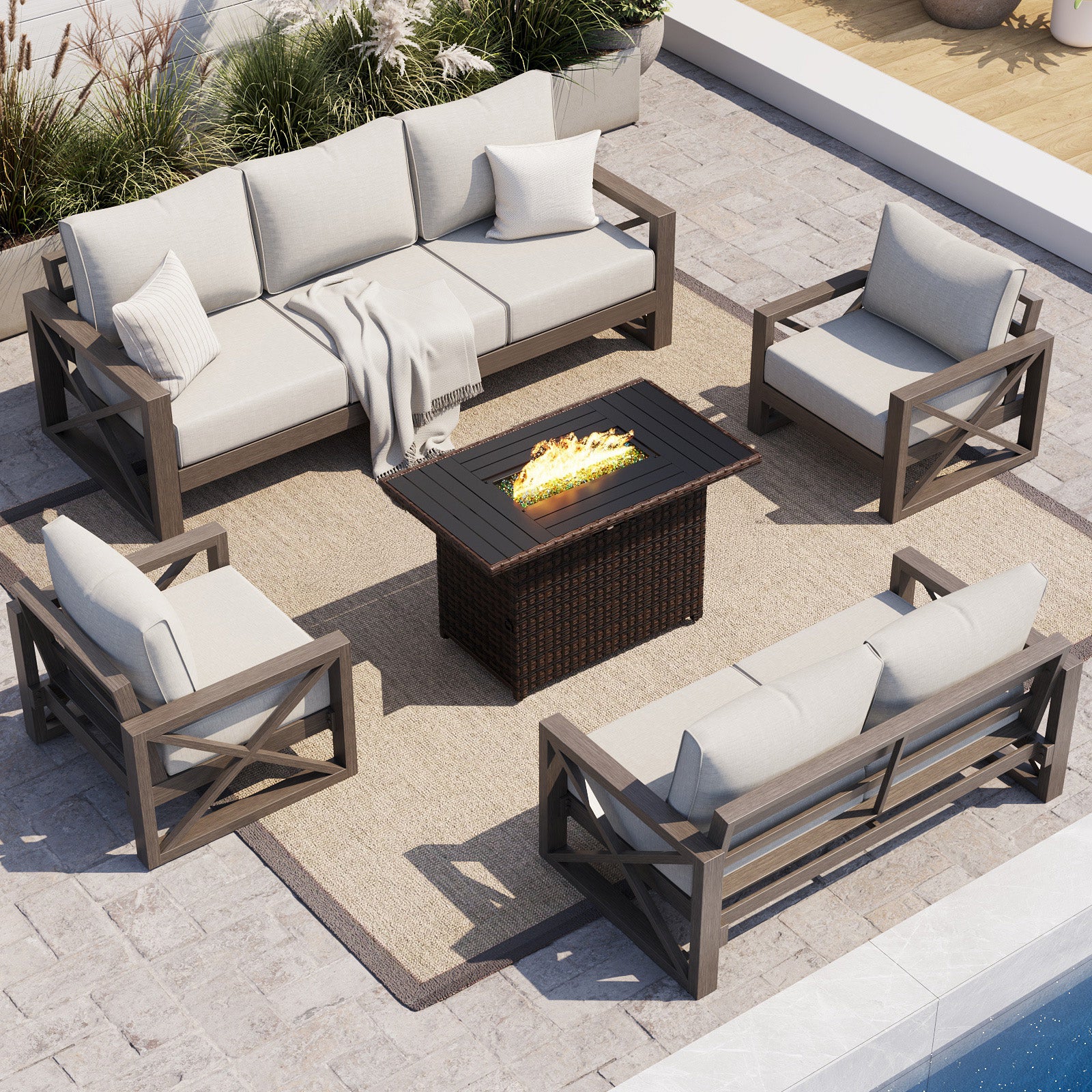 UDPATIO Aluminum Outdoor Patio Furniture Set w/Fire Pit Table, 5 PCS, Beige