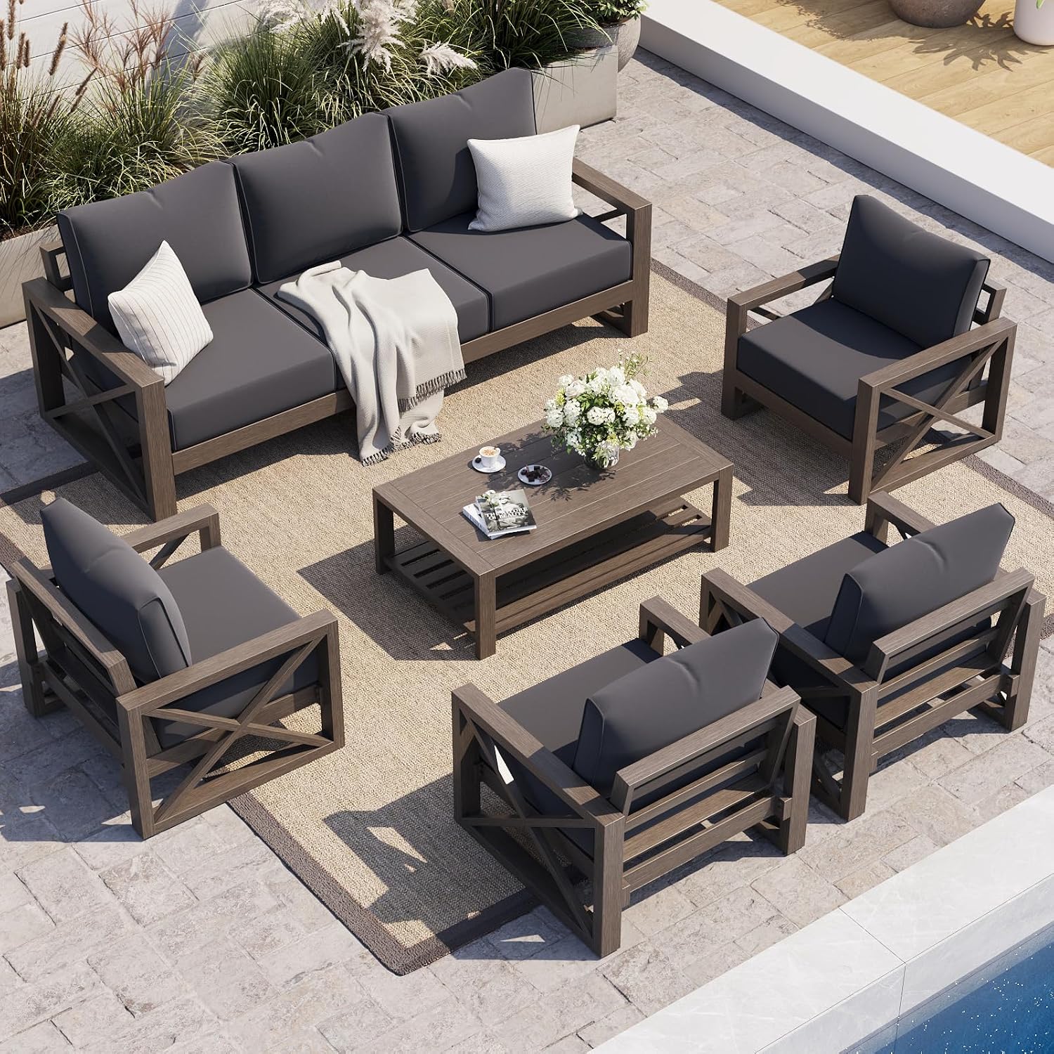 UDPATIO Aluminum Outdoor Patio Furniture Set Faux Wood Grain 6 Pcs Grey