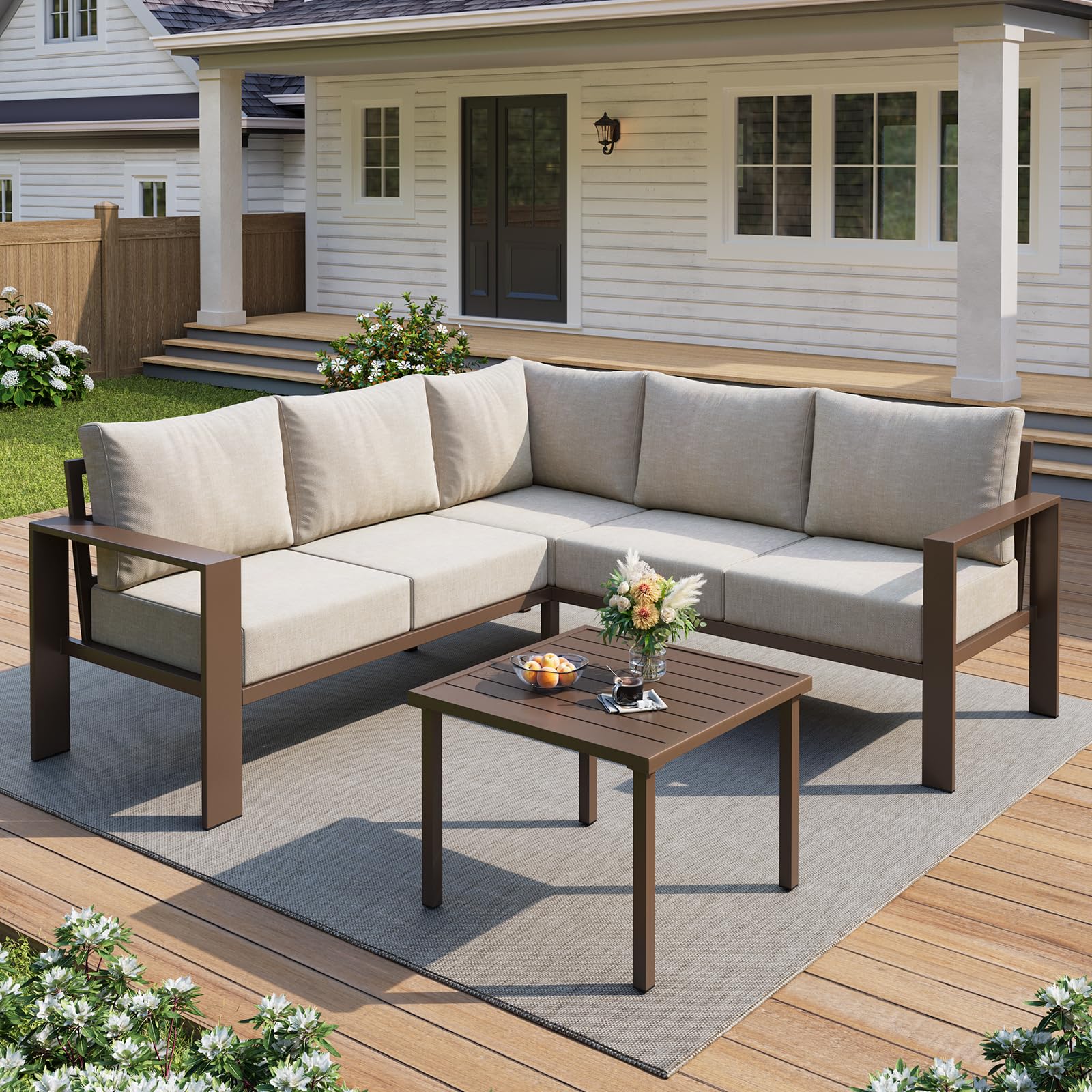 UDPATIO 6 Piece Patio Furniture Set, Metal Outdoor Sectional Sofa with 6" Thick Olefin Cushions, Wide Armrest & Coffee Table, L Shaped Outdoor Furniture for Garden, Backyard Beige