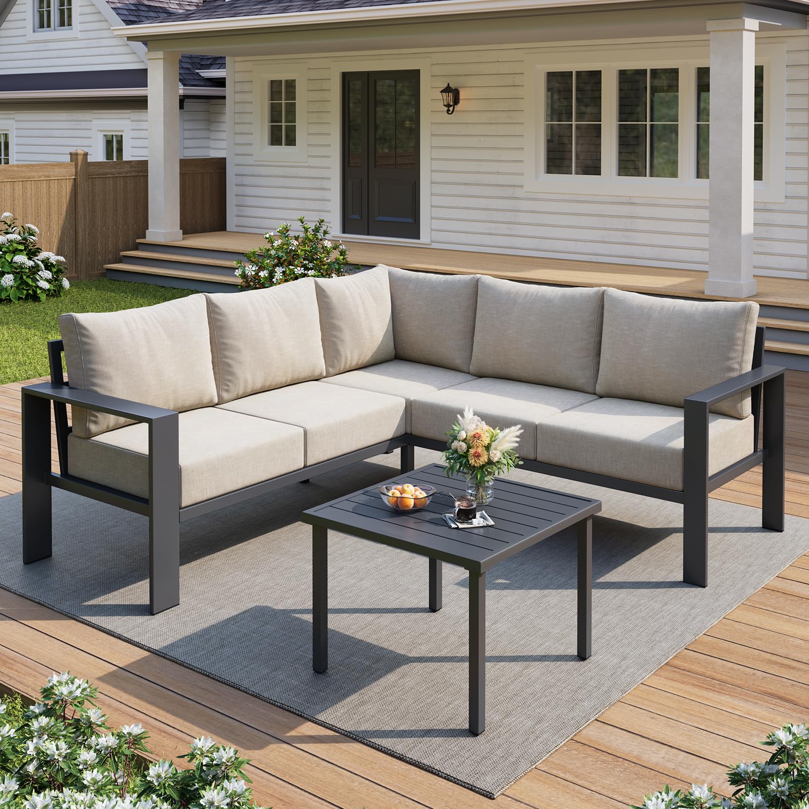 UDPATIO 6 Piece Patio Furniture Set, Metal Outdoor Sectional Sofa with 6" Thick Olefin Cushions, Wide Armrest & Coffee Table, L Shaped Outdoor Furniture for Garden, Backyard Beige