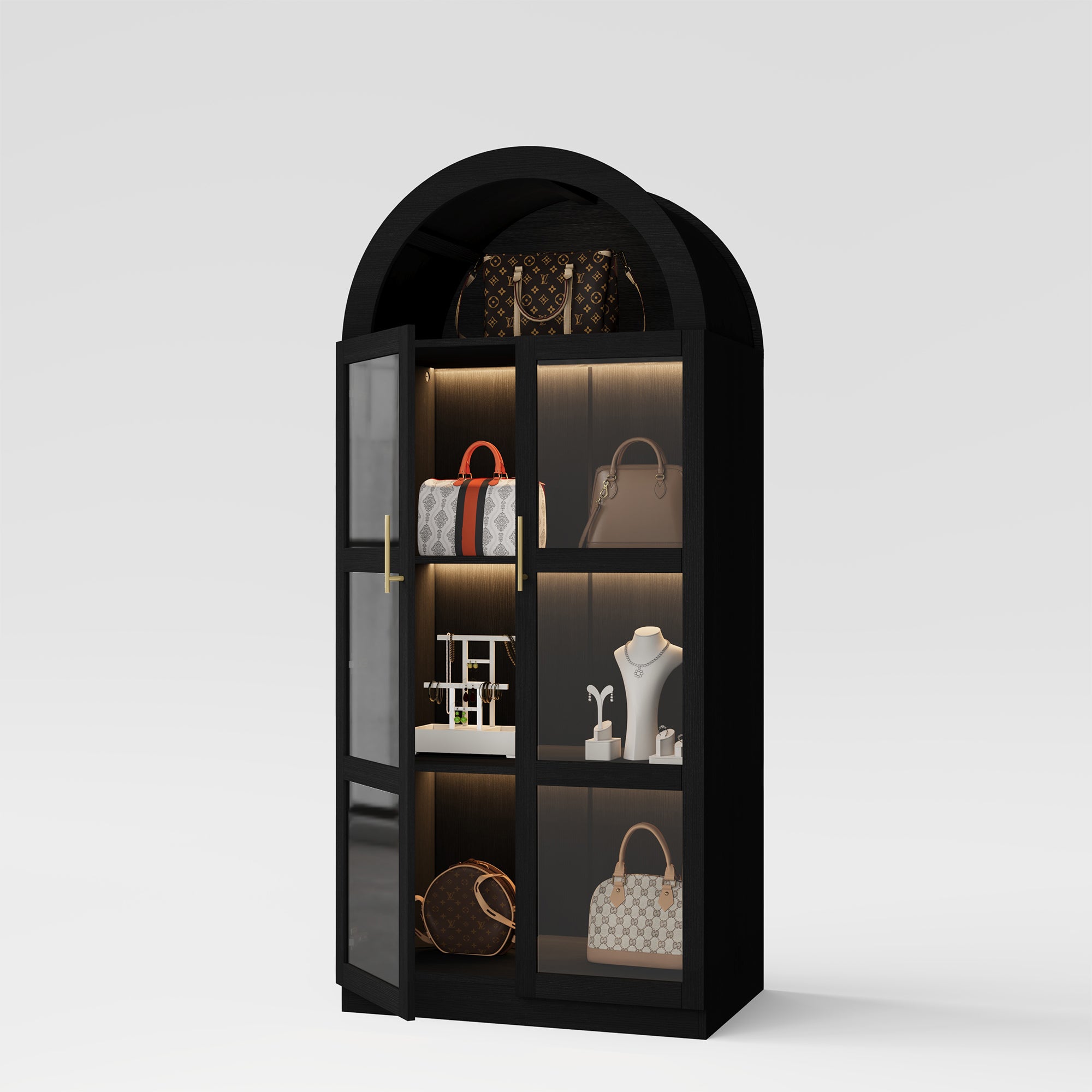 GRANKASA 71" Glass Display Cabinet with Doors - Modern 4-Tier Arched Pantry Cabinet Farmhouse Bookcase with Rechargeable 7-Color LED Lights, Large Pantry Cabinet for Kitchen, Living Room, Home Office, Black