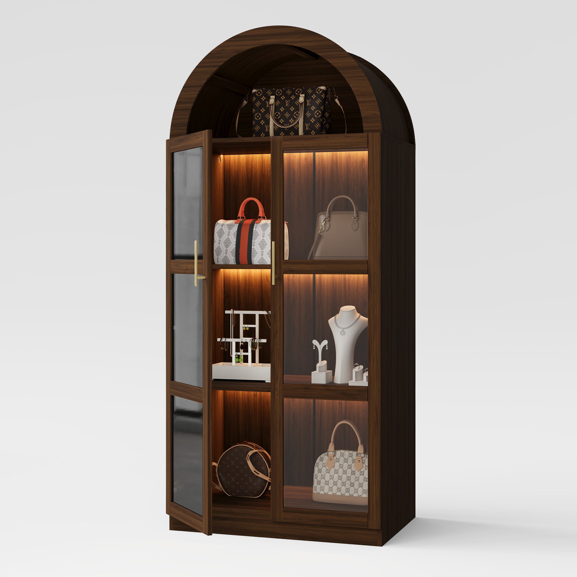 GRANKASA 71" Glass Display Cabinet with Doors - Modern 4-Tier Arched Pantry Cabinet Farmhouse Bookcase with Rechargeable 7-Color LED Lights, Large Pantry Cabinet for Kitchen, Living Room, Home Office, Brown