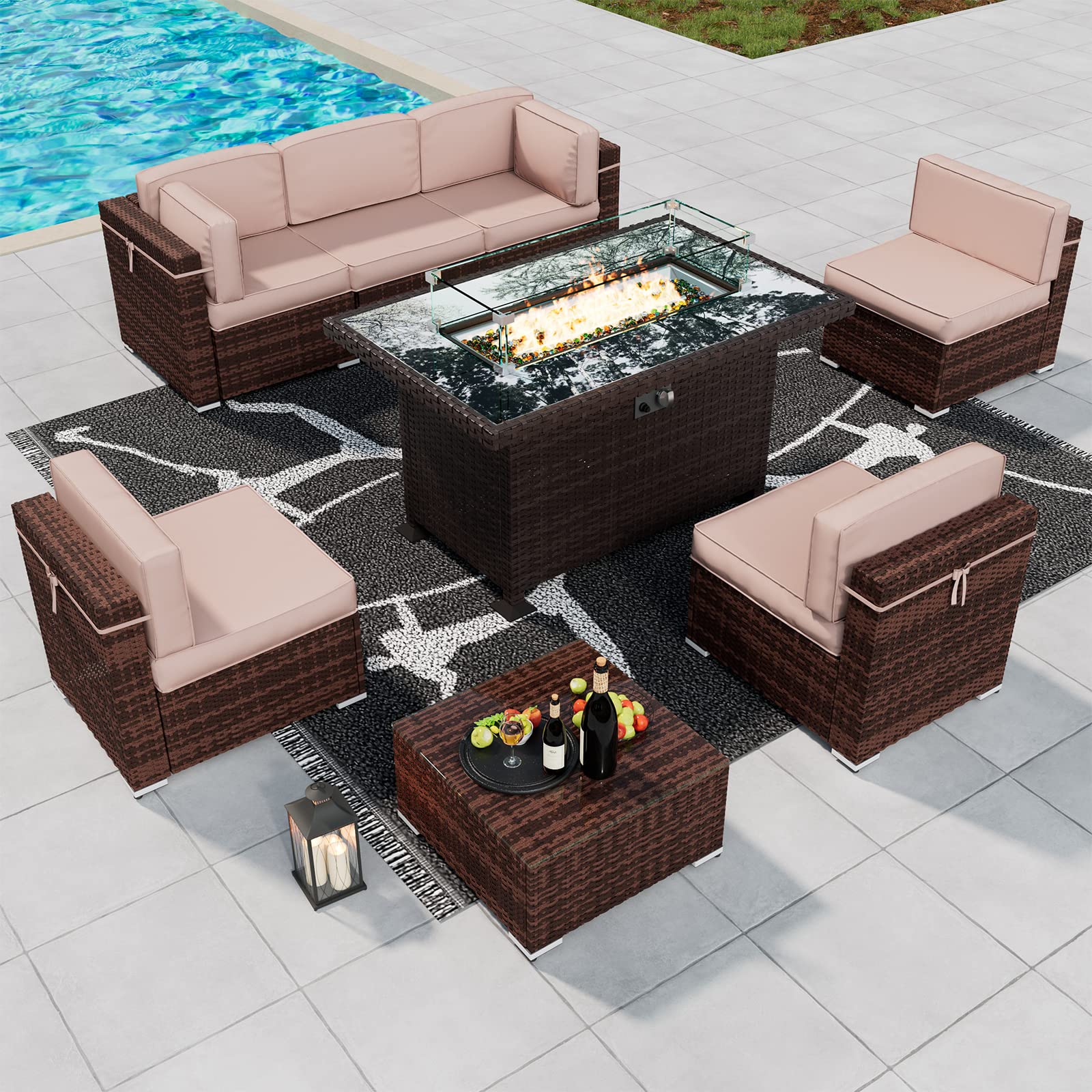 8 Piece Patio Furniture Sets with Gas Fire Pit Table