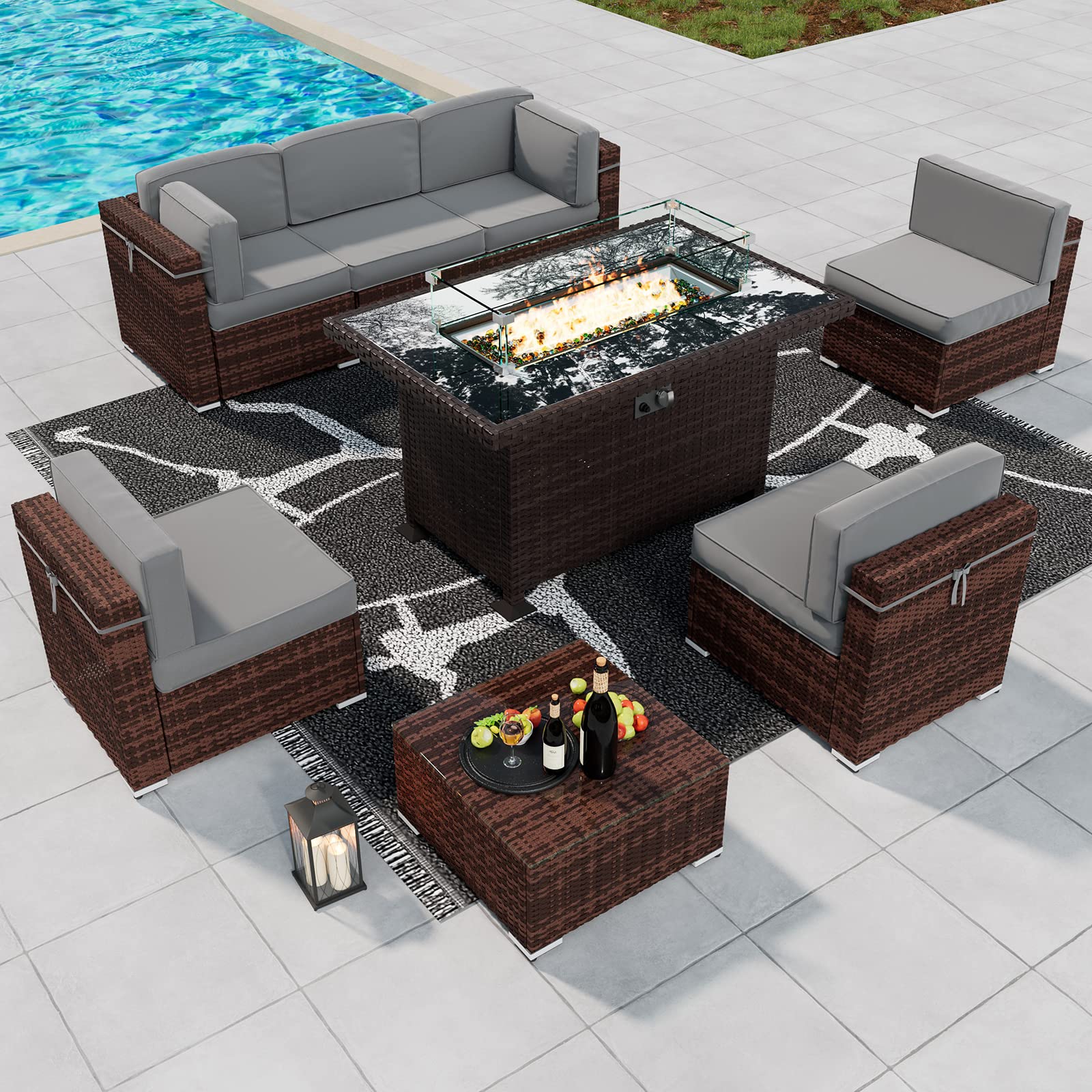 8 Piece Patio Furniture Sets with Gas Fire Pit Table