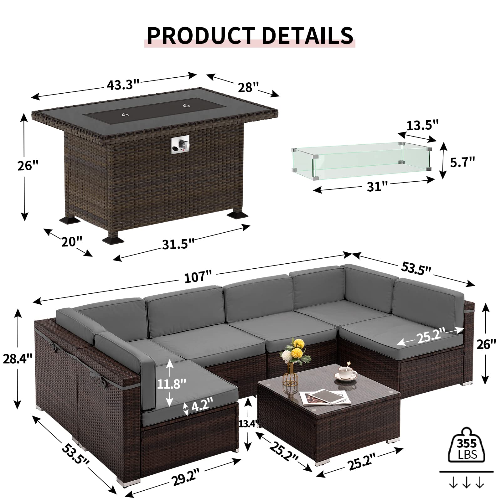 8 Piece Patio Furniture Sets with Gas Fire Pit Table