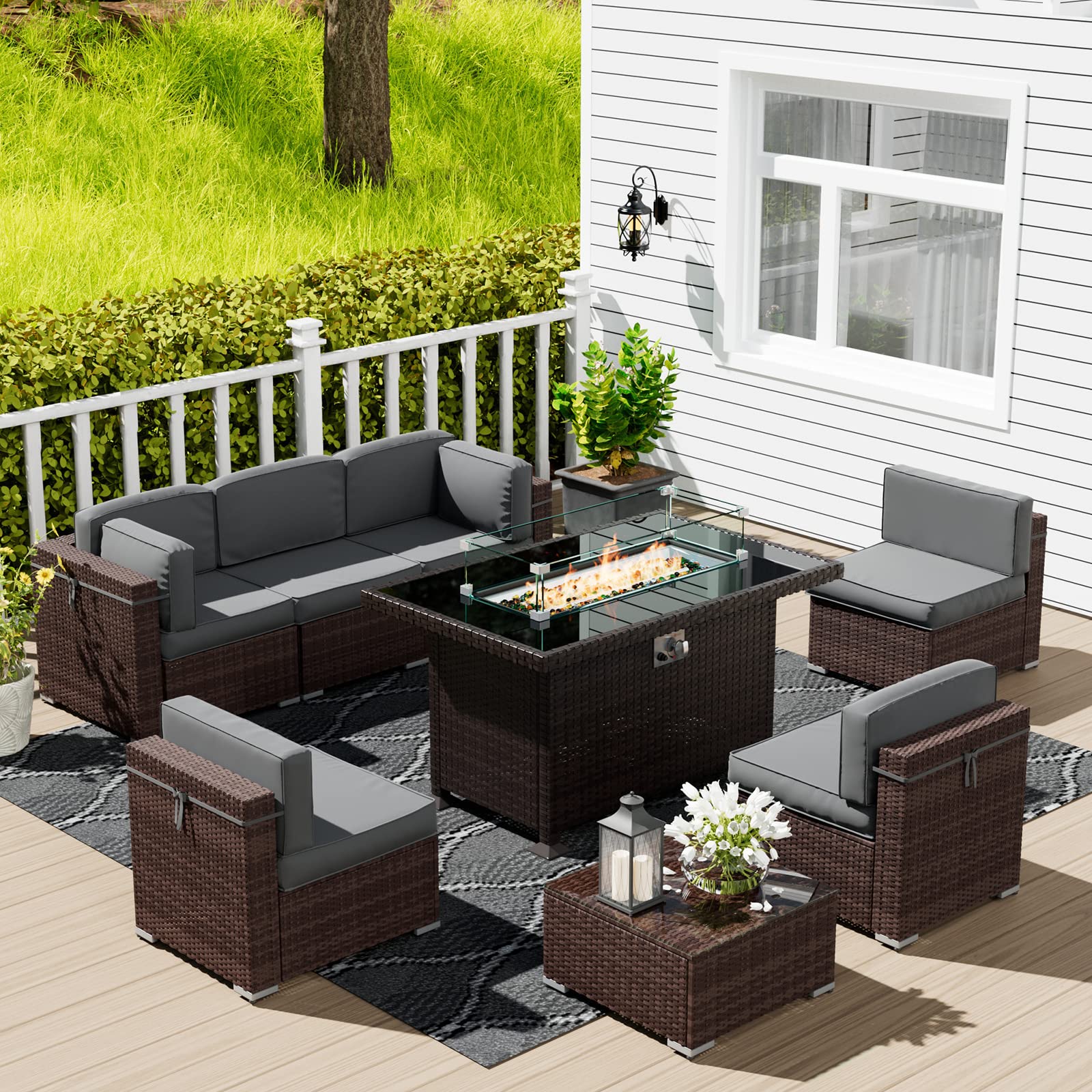 8 Piece Patio Furniture Sets with Gas Fire Pit Table