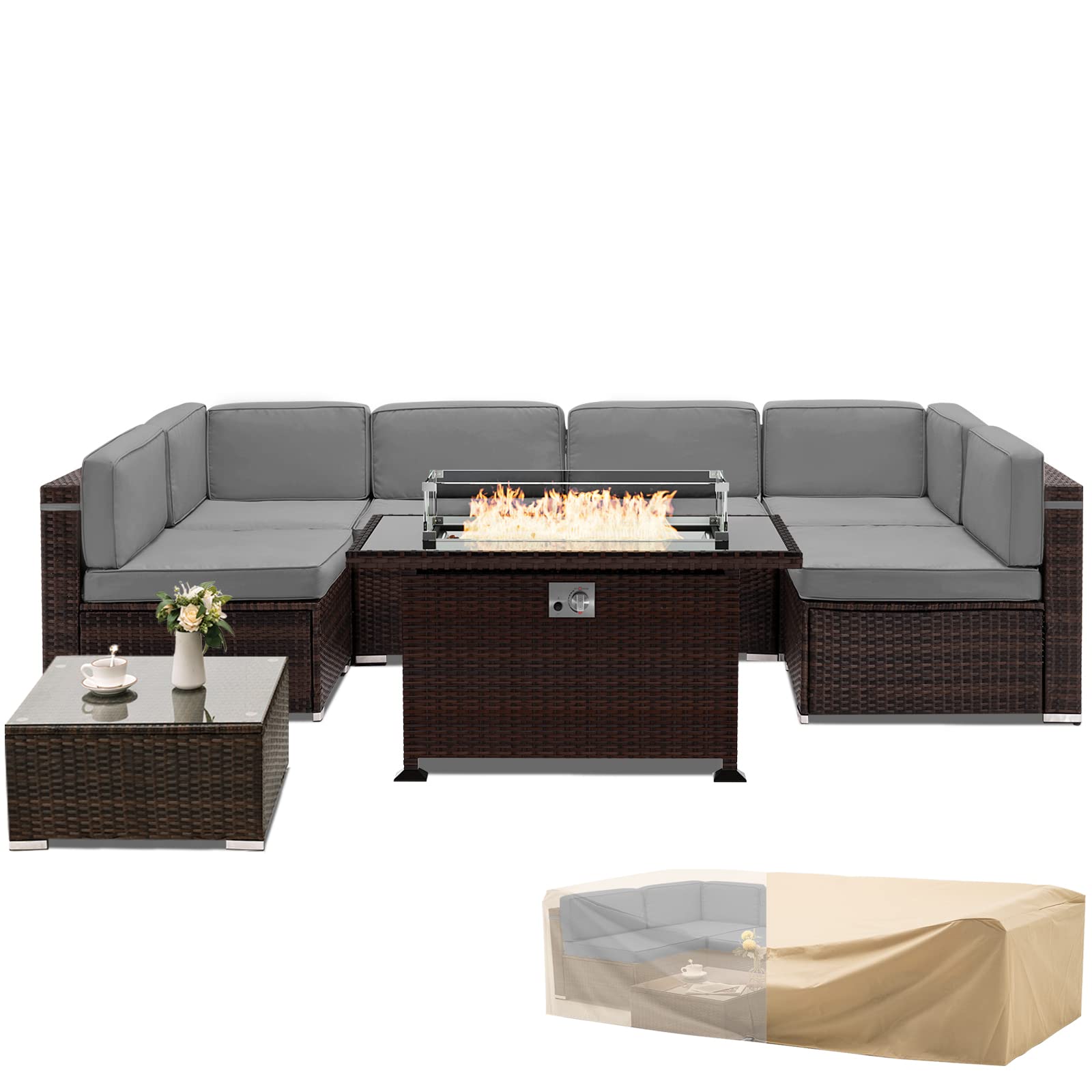 8 Piece Patio Furniture Sets with Gas Fire Pit Table