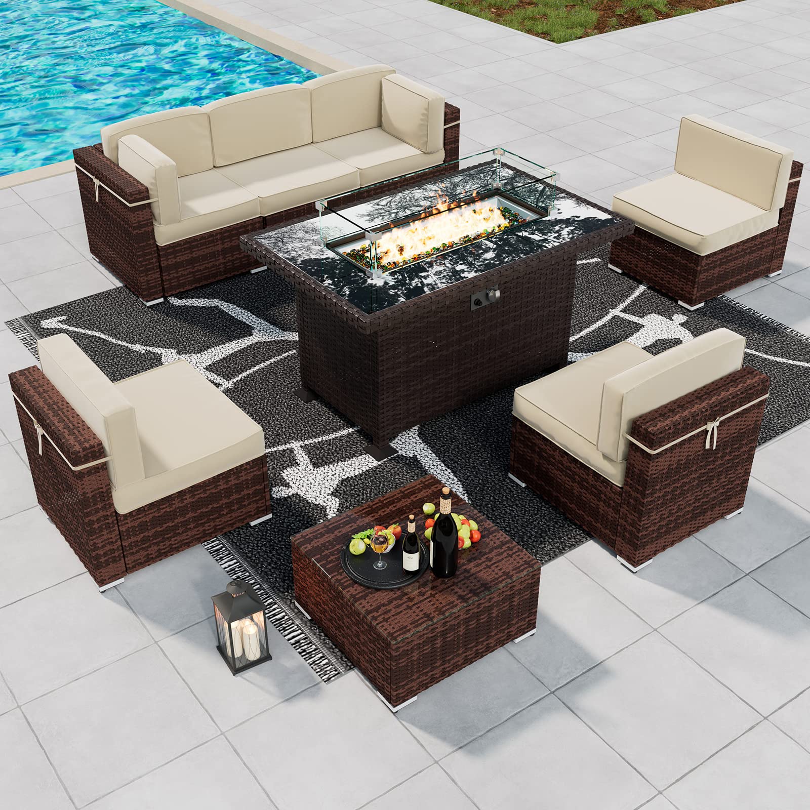 8 Piece Patio Furniture Sets with Gas Fire Pit Table