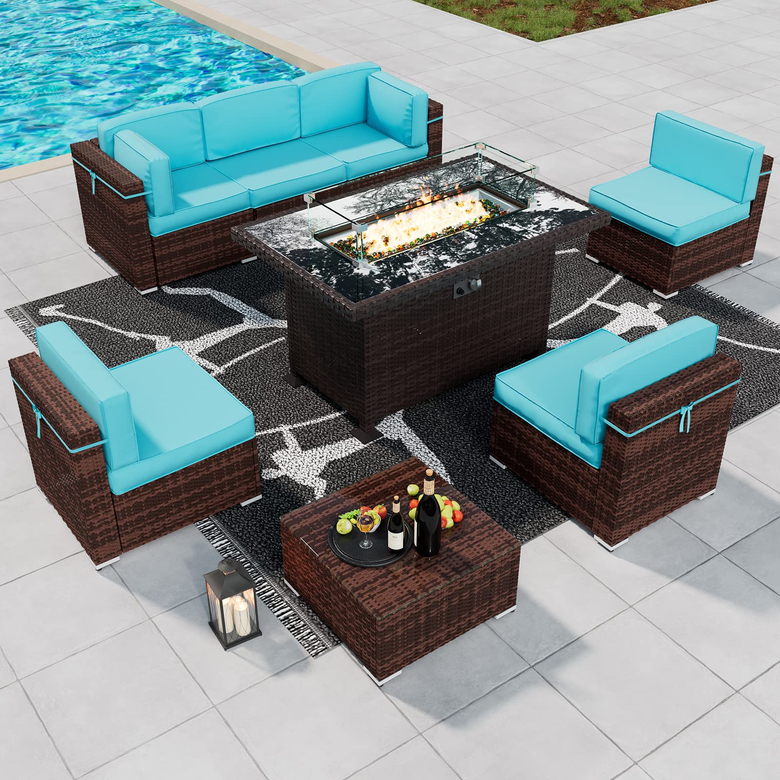 8 Piece Patio Furniture Sets with Gas Fire Pit Table