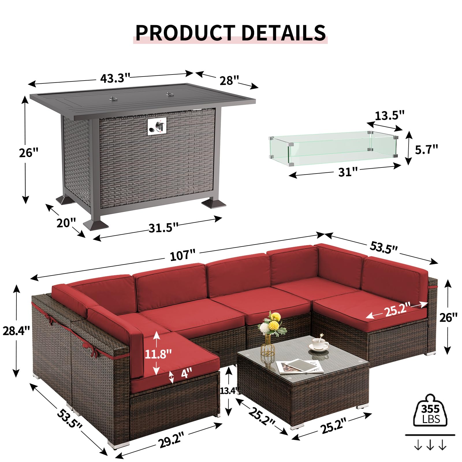 8 Piece Patio Furniture Sets with Gas Fire Pit Table