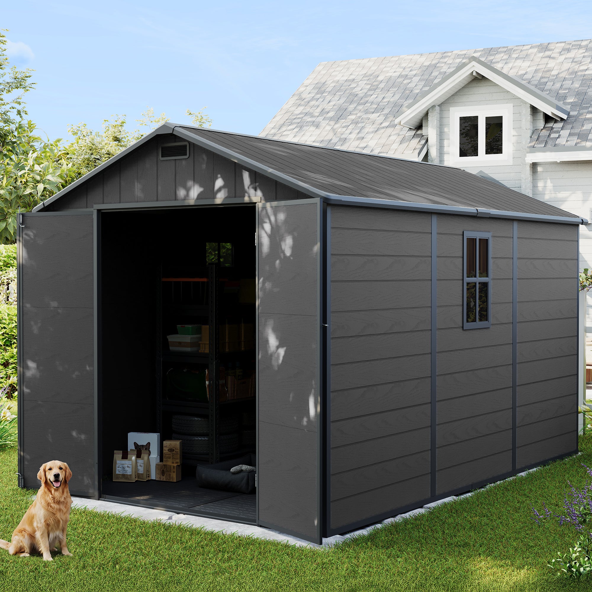 UDPATIO Resin Storage Shed 7.5x12 FT, Outdor Plastic Shed for Garden Tools Pool Equipment, Outside Sheds with Lockable Door for Backyard, Patio, Lawn, Dark Grey