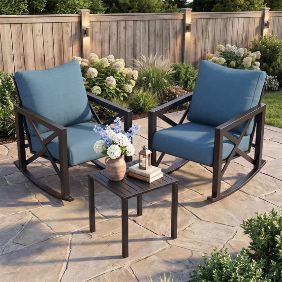 UDPATIO 3-Piece Metal Patio Rocking Chair Set with 2 Outdoor Rockers, 6.5-Inch Olefin Cushions and Coffee Table, 350 lb Capacity, Black/Peacock Blue