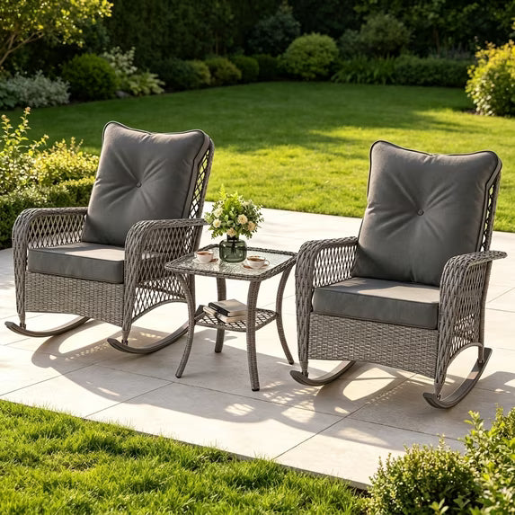 UDPATIO Outdoor PE Wicker Rocking Chair Set, 3 Piece Patio Set with Side Table, Outdoor Furniture Set for Backyard, Porch, Balcony, Poolside, Grey