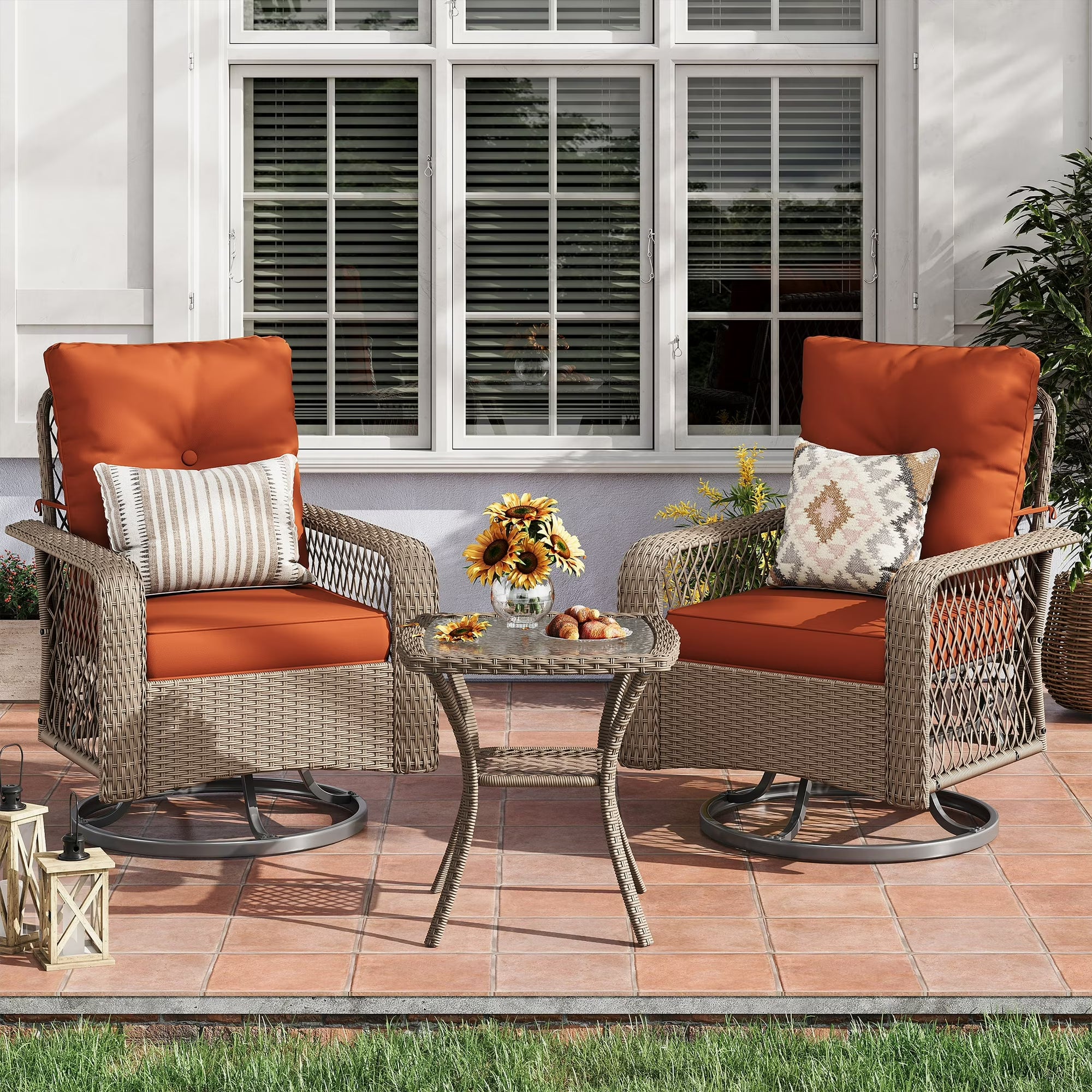 UDPATIO 3 Pieces Patio Furniture Set, Outdoor Swivel Gliders Rocker, Wicker Patio Bistro Set with Rattan Rocking Chair, Glass Top Side Table and Thickened Cushions for Porch Deck Backyard (Tangerine)