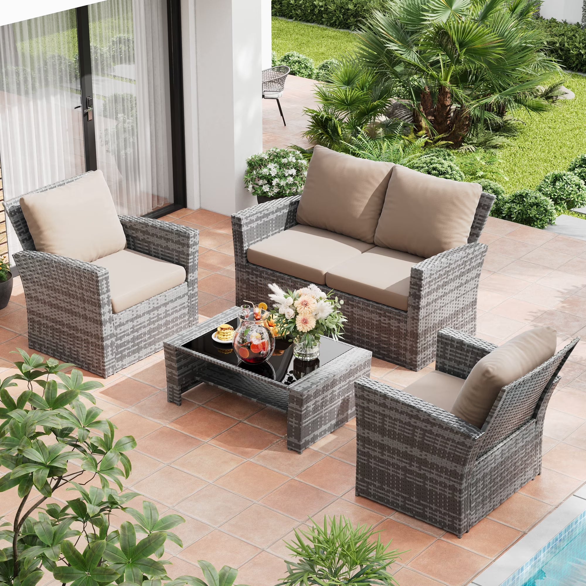 UDPATIO 4 Piece Outdoor Sectional Conversation Sets， Wicker Patio Furniture Set with Gray PE Rattan Patio Sofa Set for Balcony, Porch, Backyard, Beige