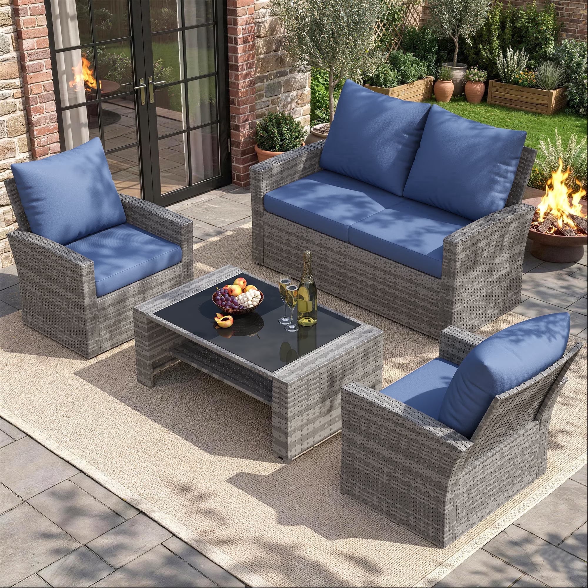 UDPATIO 4 Piece Outdoor Sectional Conversation Sets， Wicker Patio Furniture Set with Gray PE Rattan Patio Sofa Set for Balcony, Porch, Backyard, Blue