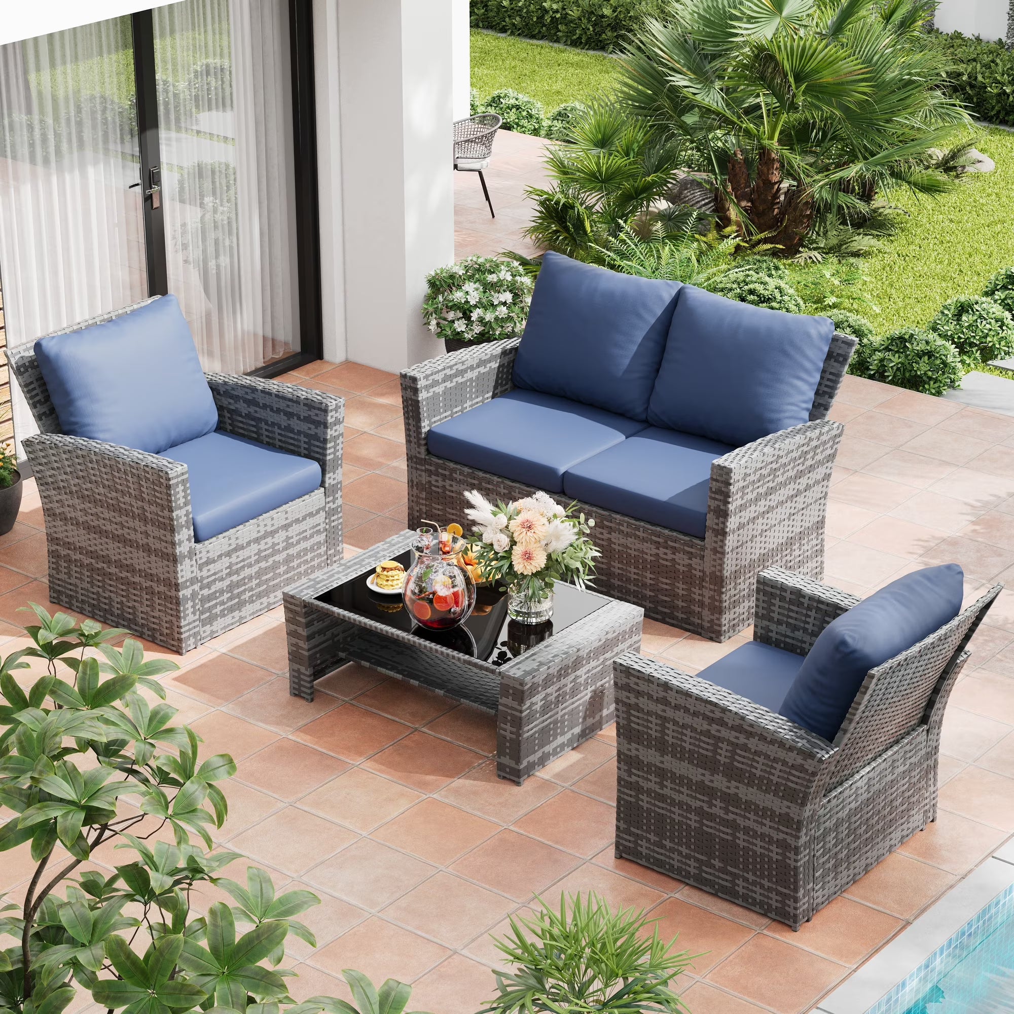 UDPATIO 4 Piece Outdoor Sectional Conversation Sets， Wicker Patio Furniture Set with Gray PE Rattan Patio Sofa Set for Balcony, Porch, Backyard, Blue