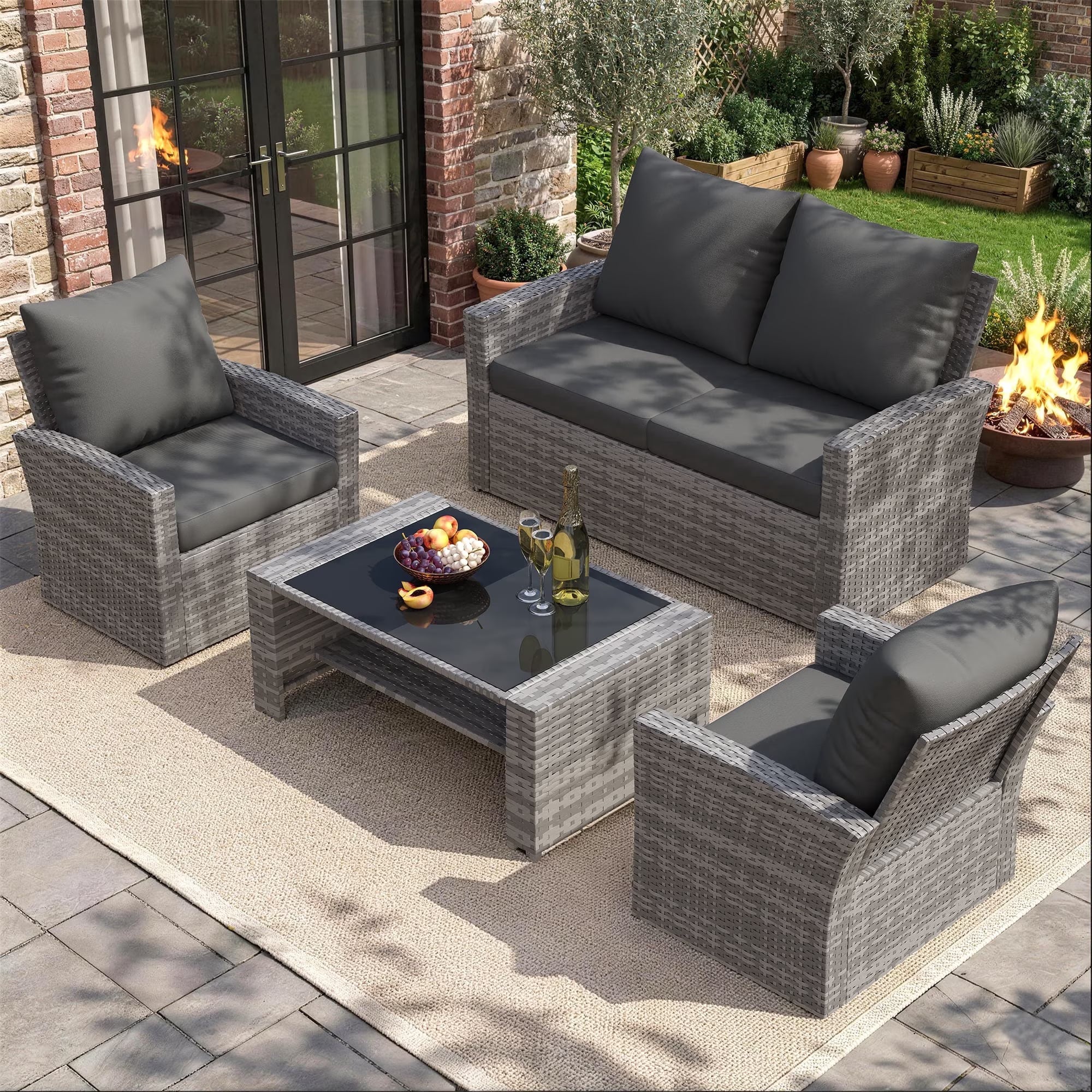 UDPATIO 4 Piece Outdoor Sectional Conversation Sets， Wicker Patio Furniture Set with Gray PE Rattan Patio Sofa Set for Balcony, Porch, Backyard, Gray