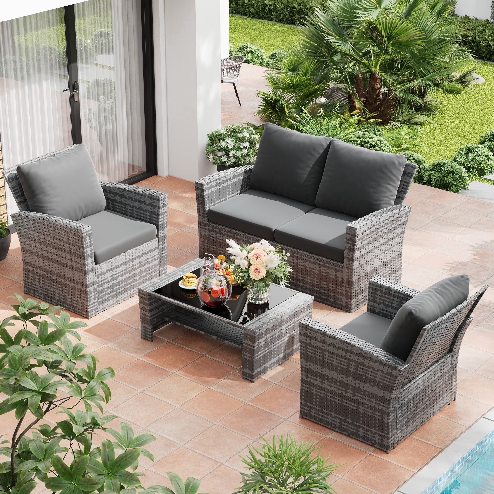UDPATIO 4 Piece Outdoor Sectional Conversation Sets， Wicker Patio Furniture Set with Gray PE Rattan Patio Sofa Set for Balcony, Porch, Backyard, Gray