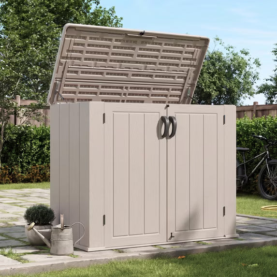 UDPATIO 41 Cu.Ft Horizontal Storage Shed Outdoor, Weatherproof Resin Storage Shed with Floor Thickened, Gas Spring, Lockable Doors for Trash Can Storage, Tools, Lawn Mower, for Patio, Sand