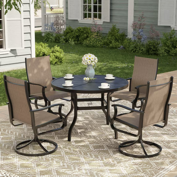 UDPATIO 5-Piece Outdoor Swivel Bistro Set, 360° Swivel Patio Chairs with 39" Round Metal Table with Umbrella Hole, All Weather Dining Set for Backyard Balcony, Brown