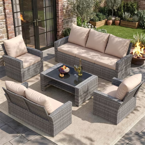 UDPATIO 5-piece Wicker Patio Furniture Set, Multiple Combination Conversation Set, Gray PE Rattan Patio Sofa Set for Balcony, Backyard, Beige