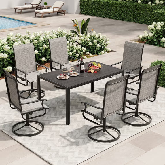 UDPATIO 7-Piece Outdoor Dining Set with High-Back Swivel Chairs & Iron Rectangle Table for 6-Person, Black & Light Gray