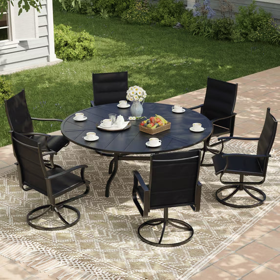 UDPATIO 7-Piece Outdoor Swivel Bistro Set, 360° Padded Swivel Patio Chairs with 51" Round Metal Table with Umbrella Hole, All Weather Dining Set for Backyard Balcony, Black