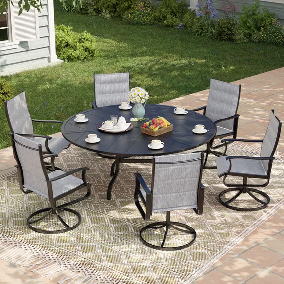 UDPATIO 7-Piece Outdoor Swivel Bistro Set, 360° Padded Swivel Patio Chairs with 51" Round Metal Table with Umbrella Hole, All Weather Dining Set for Backyard Balcony, Light Grey