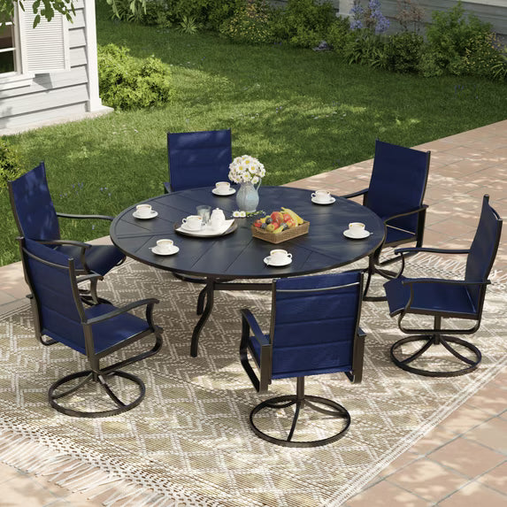 UDPATIO 7-Piece Outdoor Swivel Bistro Set, 360° Padded Swivel Patio Chairs with 51" Round Metal Table with Umbrella Hole, All Weather Dining Set for Backyard Balcony, Navy Blue
