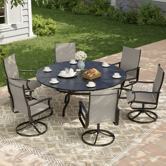 UDPATIO 7-Piece Outdoor Swivel Bistro Set, 360° Swivel Patio Chairs with 51" Round Metal Table with Umbrella Hole, All Weather Dining Set for Backyard Balcony, Beige