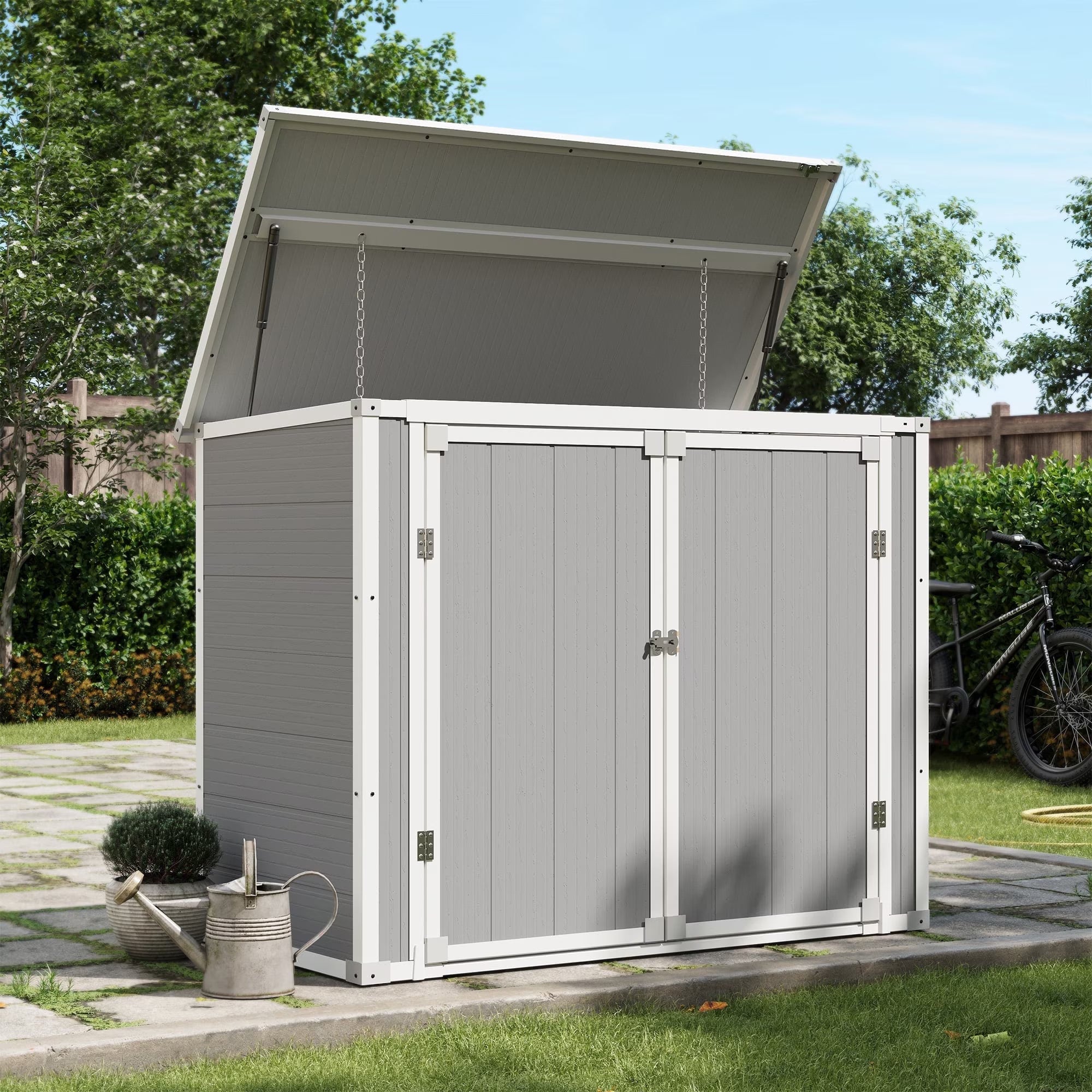 UDPATIO Outdoor Resin Storage Shed, 41 Cu. Ft Horizontal Trash Can Storage Shed for Outside Backyard, Weatherproof Tool Cabinet for Garden Bike & Mower, Grey