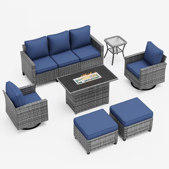 UDPATIO Patio Furniture Set with 44" Fire Pit Table, 6 Pieces Wicker Outdoor Couch with Rocking Swivel Chairs, Ottomans and Thick Cushions for Backyard, Blue
