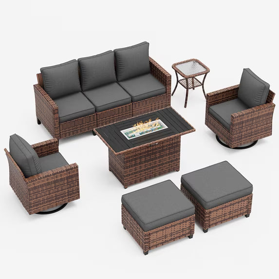UDPATIO Patio Furniture Set with 44" Fire Pit Table, 6 Pieces Wicker Outdoor Couch with Rocking Swivel Chairs, Ottomans and Thick Cushions for Backyard, Grey
