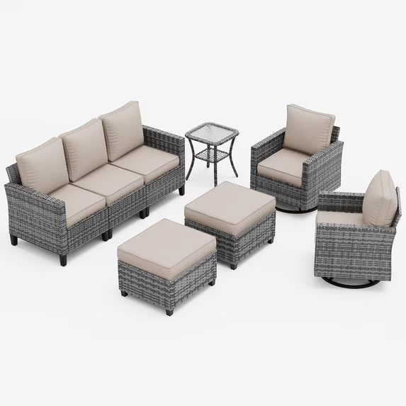 UDPATIO Patio Furniture Set with 44" Fire Pit Table, 6 Pieces Wicker Outdoor Couch with Rocking Swivel Chairs, Ottomans and Thick Cushions for Backyard, Khaki