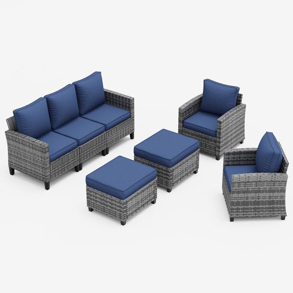 UDPATIO Patio Furniture Set, 5 Pieces Wicker Outdoor Couch with Chairs, Ottomans and Thick Cushions for Backyard, Blue