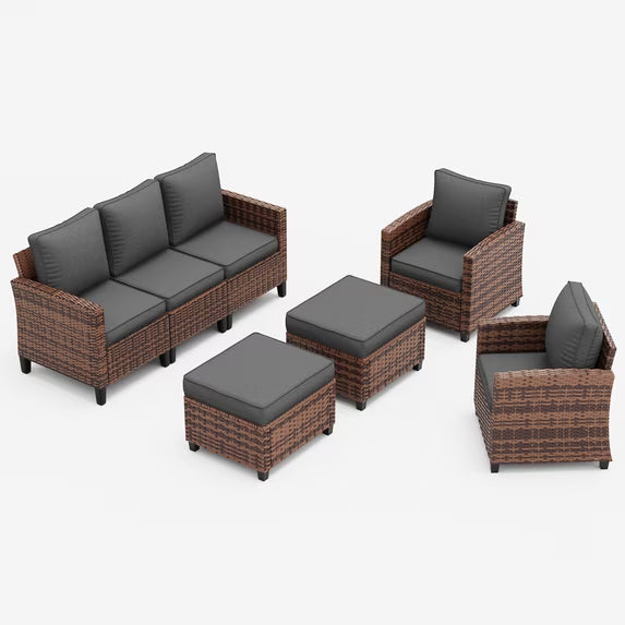 UDPATIO Patio Furniture Set, 5 Pieces Wicker Outdoor Couch with Chairs, Ottomans and Thick Cushions for Backyard, Grey
