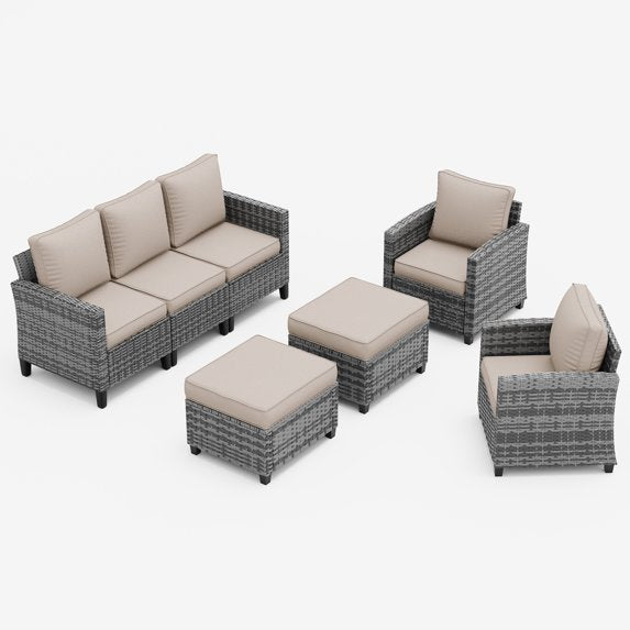 UDPATIO Patio Furniture Set, 5 Pieces Wicker Outdoor Couch with Chairs, Ottomans and Thick Cushions for Backyard, Khaki