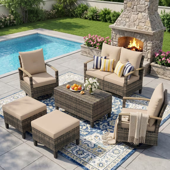 UDPATIO Patio Furniture Set, 6 Pieces Outdoor Furniture Sets with Rocking Swivel Chairs, Wicker Rattan Sofa Set with Storage Table for Backyard, Khaki