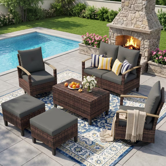 UDPATIO Patio Furniture Set, 6 Pieces Outdoor Furniture Sets with Rocking Swivel Chairs, Wicker Rattan Sofa Set with Storage Table for Backyard, Grey