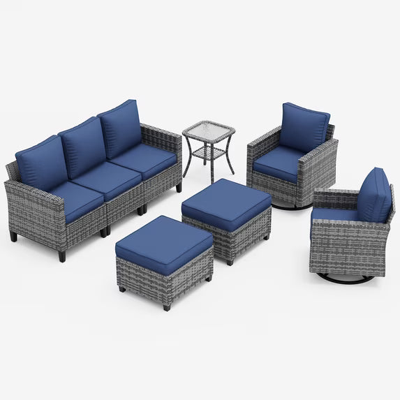 UDPATIO Patio Furniture Set, 6 Pieces Wicker Outdoor Couch with Rocking Swivel Chairs, Ottomans and Thick Cushions for Backyard, Blue