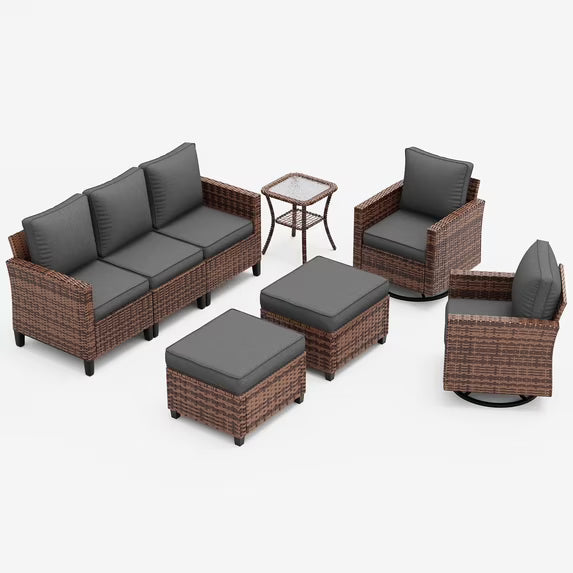 UDPATIO Patio Furniture Set, 6 Pieces Wicker Outdoor Couch with Rocking Swivel Chairs, Ottomans and Thick Cushions for Backyard, Grey