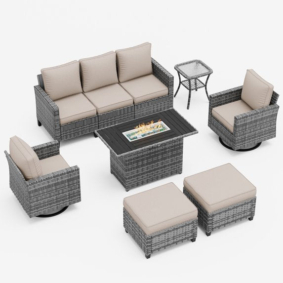 UDPATIO Patio Furniture Set, 6 Pieces Wicker Outdoor Couch with Rocking Swivel Chairs, Ottomans and Thick Cushions for Backyard, Khaki