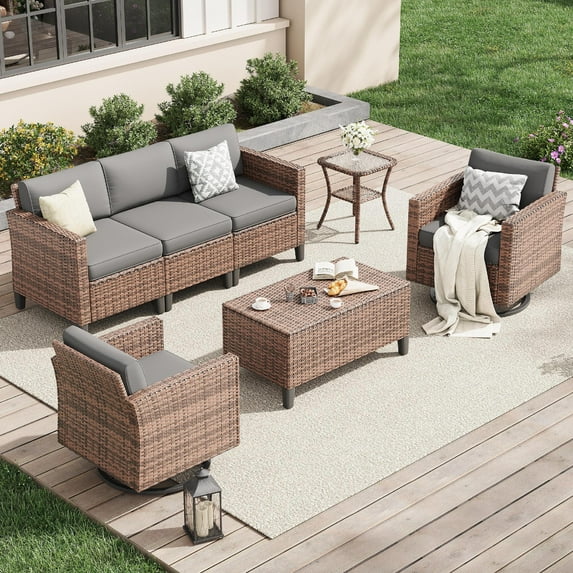 UDPATIO Patio Furniture Set, 7 Pieces Outdoor Furniture Sets with Rocking Swivel Chairs, Wicker Rattan Outdoor Conversation Set with Storage Table and Waterproof Covers for Backyard, Deck, Porch